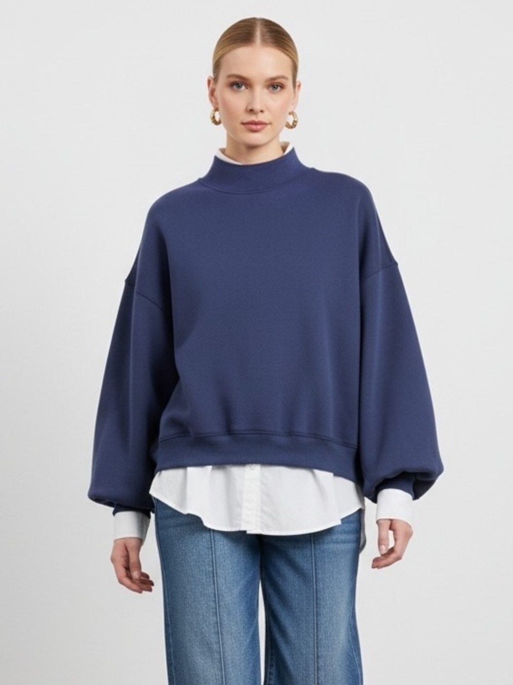 1669 • Most Cozy Dark Blue Cotton Blend Balloon Sleeve Mock Neck Sweatshirt